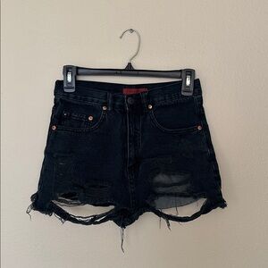 Black distressed denim shorts
